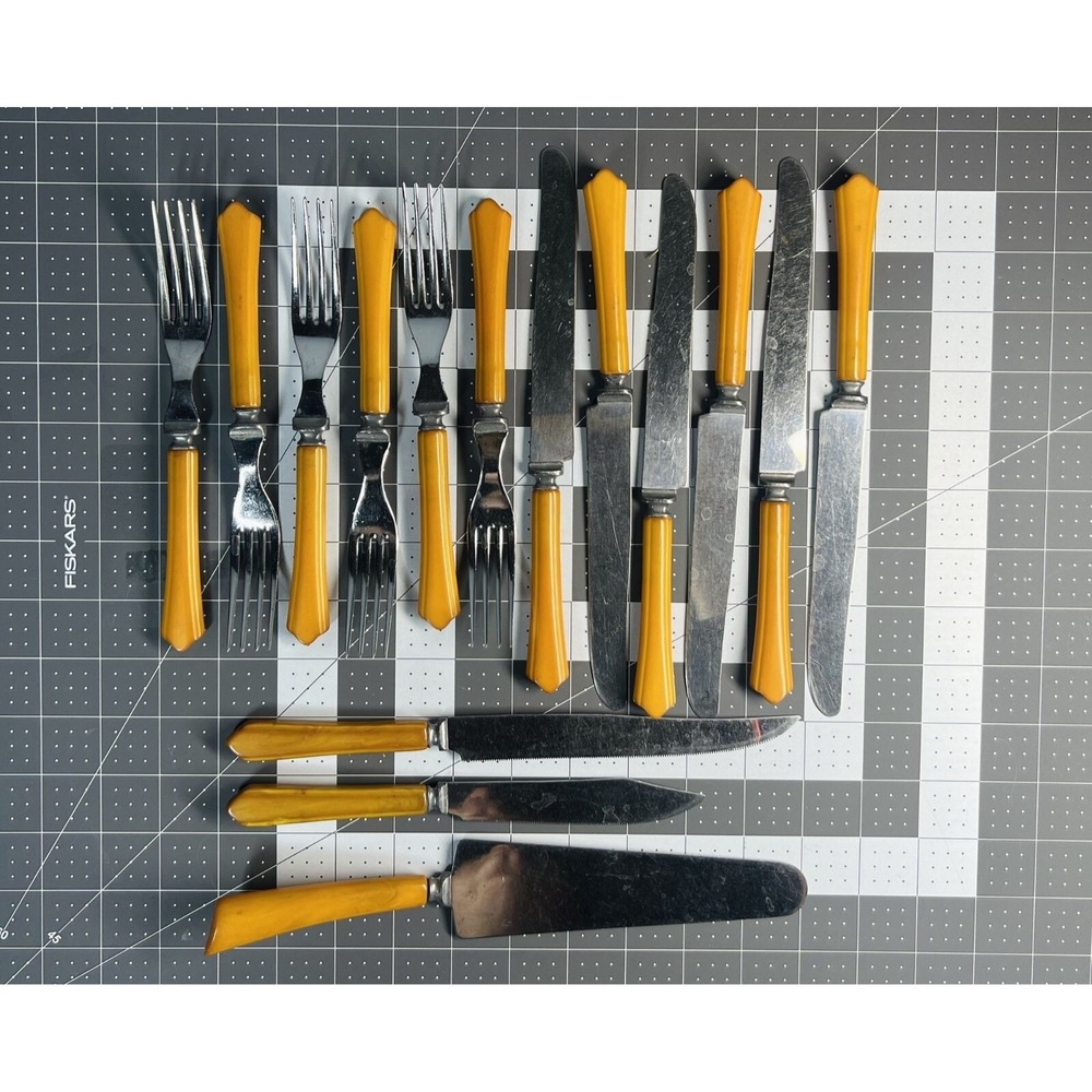 Vintage Chrome Plate Cutlery Set With Yellow Handles - 16-Piece Collection For R